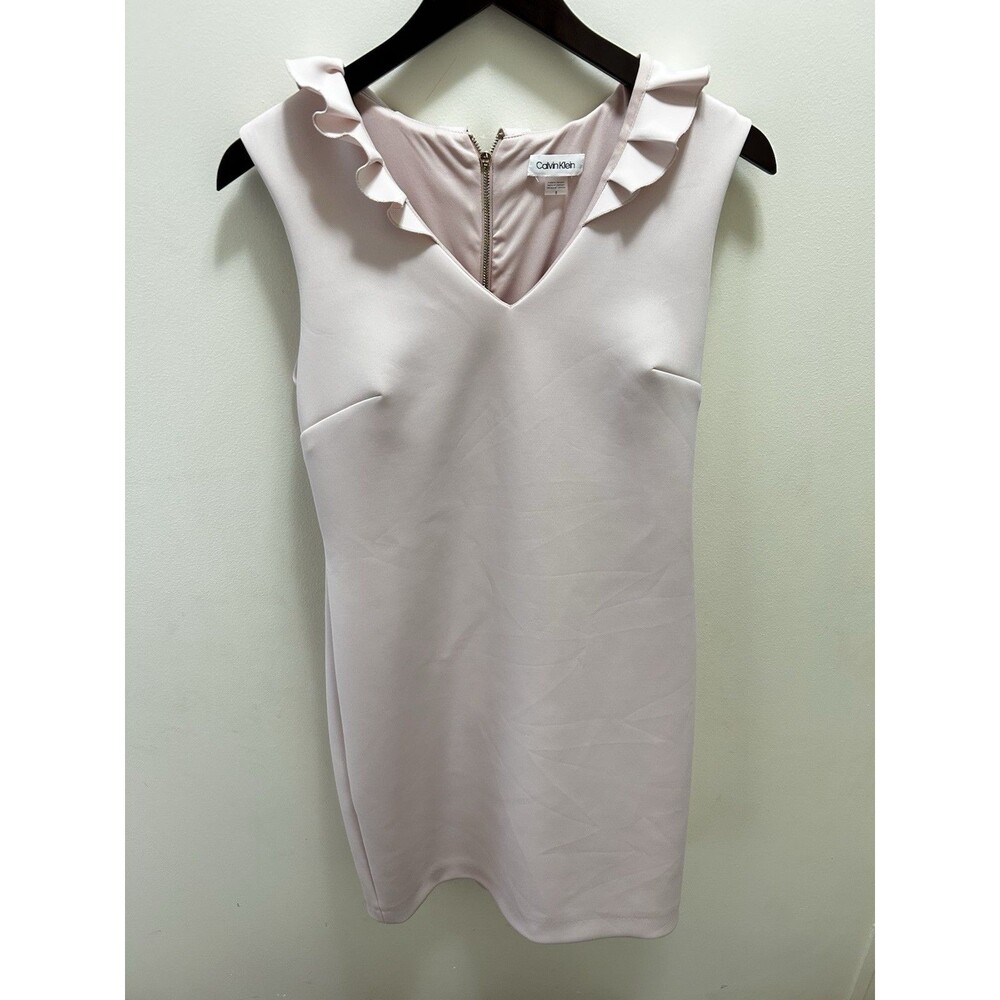 Calvin Klein Dress 8 Blush Pink Ruffle Neck Sheath Minimalist Romantic Bridal